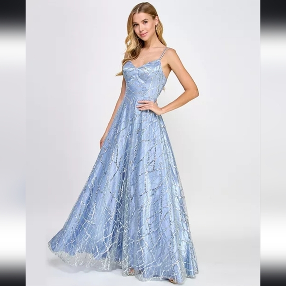 NWT TLC Say Yes Juniors Strappy Sequin-Embellished Gown in Silver/Blue Sz 1/2 - Picture 1 of 13